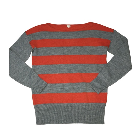 J. CREW Wool Alpaca Blend Gray Orange Striped Boatneck Sweater - Women’s Medium - Picture 2 of 11
